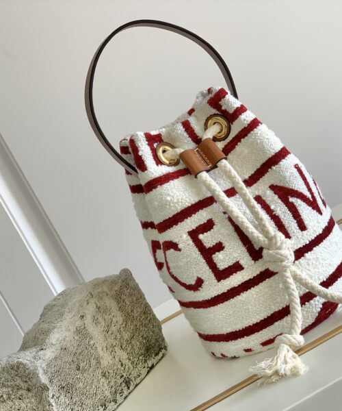1:1 Replica Celine Teen Drawstring In Textile With Celine All-Over White/Red For Women 7in/19cm