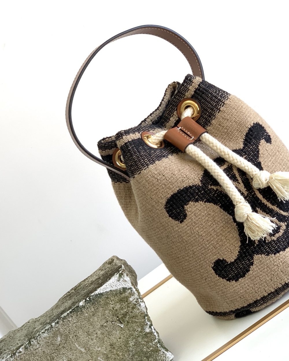 1:1 Replica Celine Teen Drawstring In Textile With Triomphe Beige / Tan For Women 6in/15cm 196532EFZ.02ET