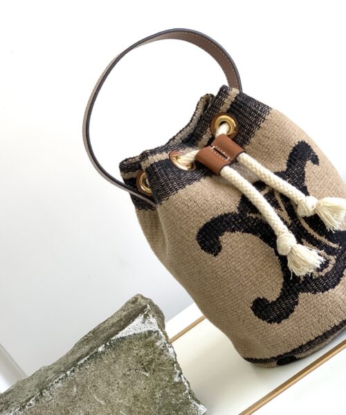 1:1 Replica Celine Teen Drawstring In Textile With Triomphe Beige / Tan For Women 6in/15cm 196532EFZ.02ET