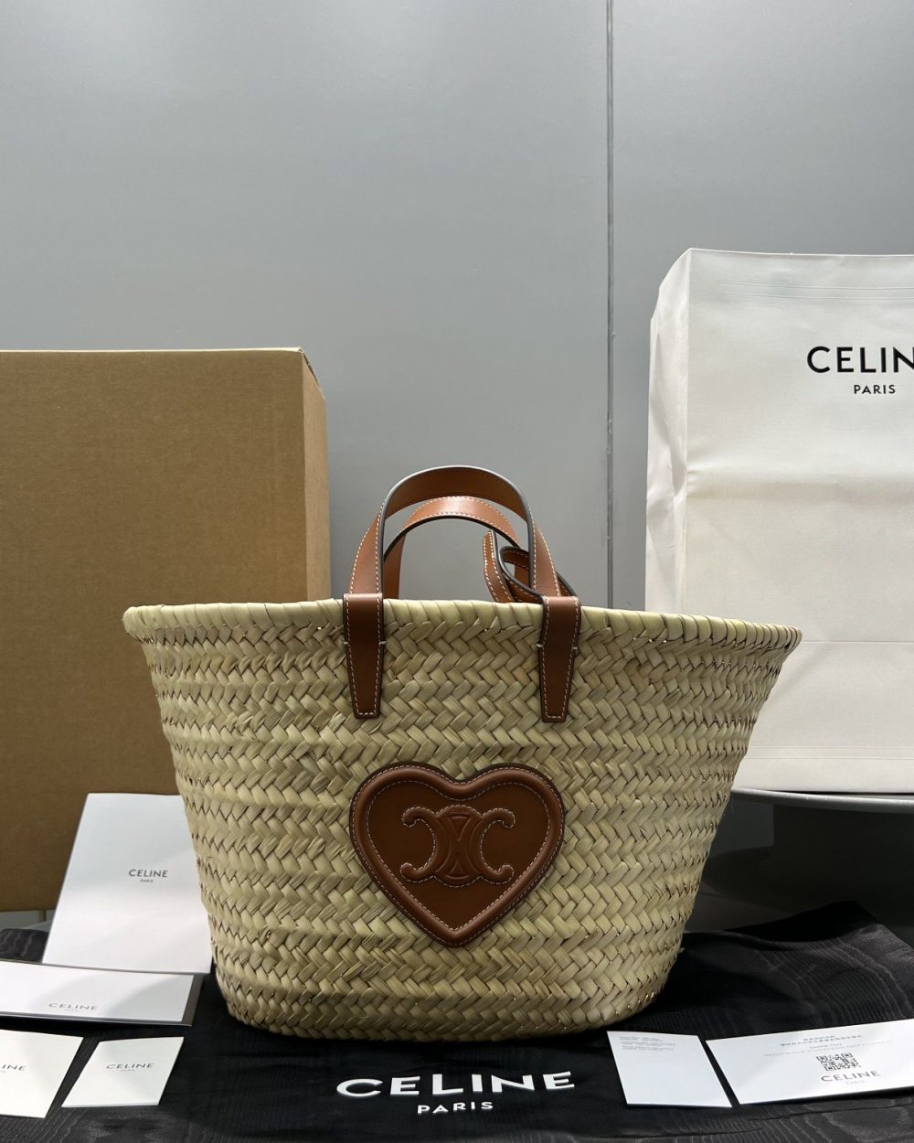 1:1 Replica Celine Teen Triomphe Celine Classic Panier In Palm Leaves With Heart Patch Brown For Women 10in/25cm 194002DUI.04LU
