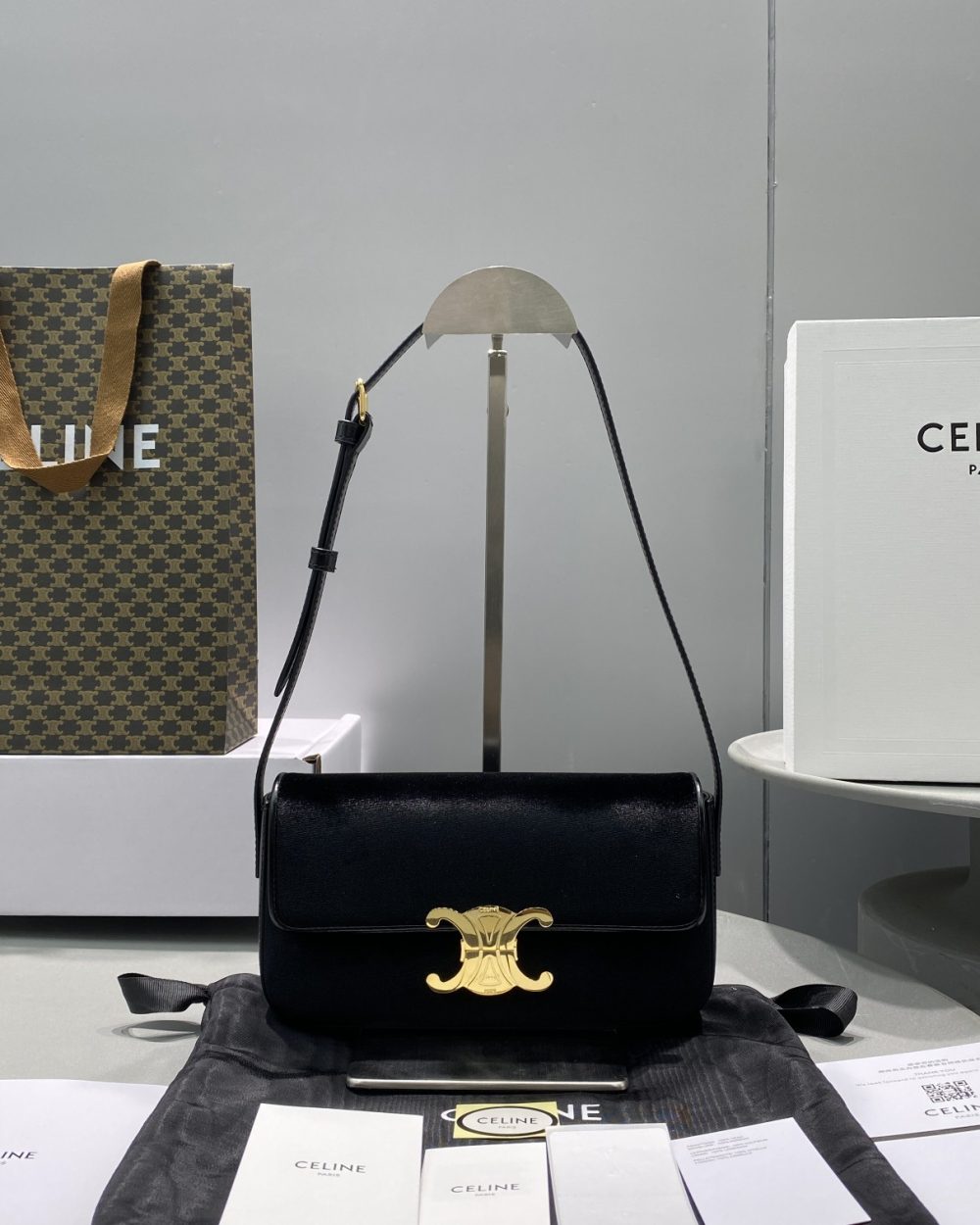 1:1 Replica Celine Triomphe Shoulder Bag Black For Women 8in/20cm