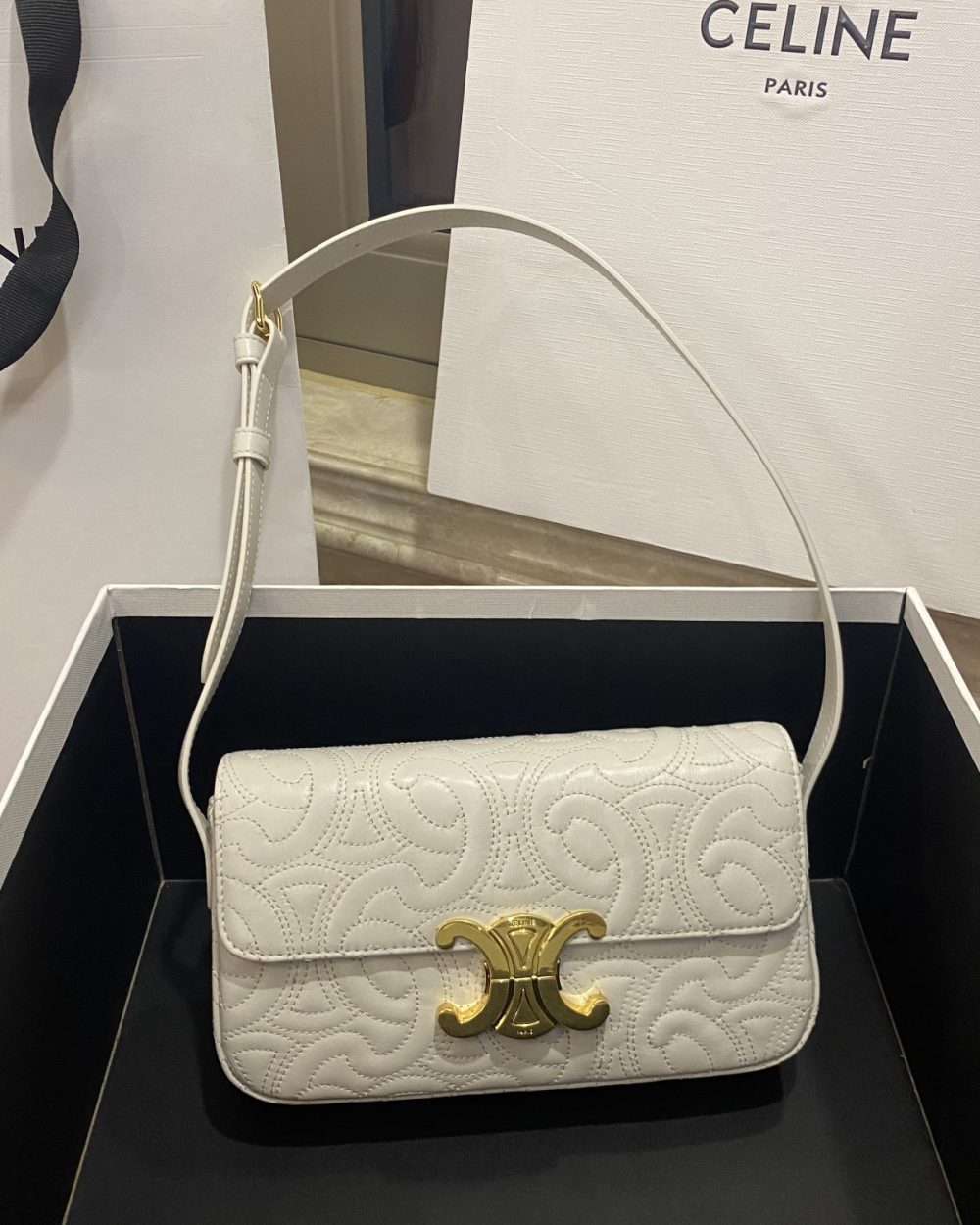 1:1 Replica Celine Triomphe Shoulder Bag In Quilted Triomphe Lambskin White For Women 8in/20cm 194143EF4.01BC