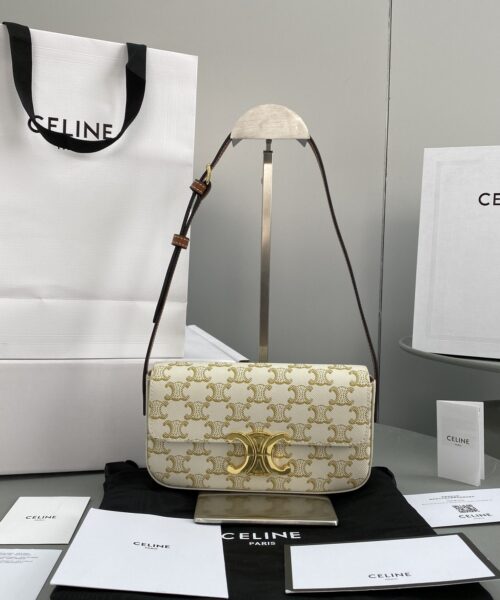 1:1 Replica Celine Triomphe Shoulder Bag In Triomphe Canvas White For Women 8in/20cm 194142CUZ.01BC