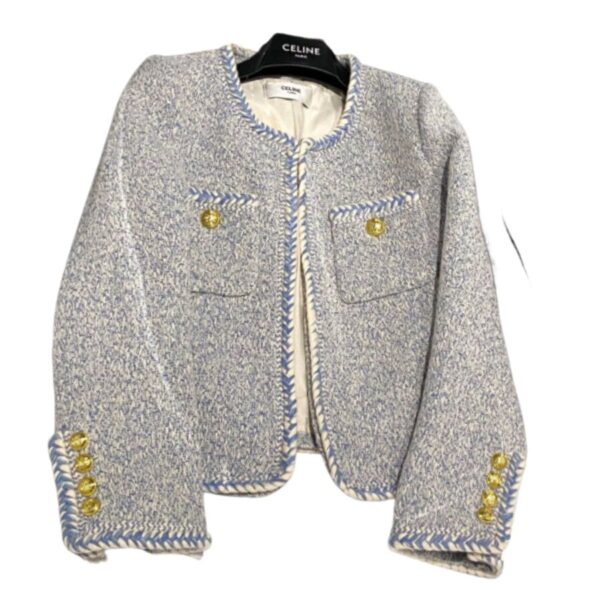Celine Tweed Button Pockets O-Neck Woven Jacket Blue For Women