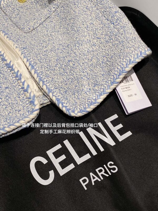 Celine Tweed Button Pockets O-Neck Woven Jacket Blue For Women