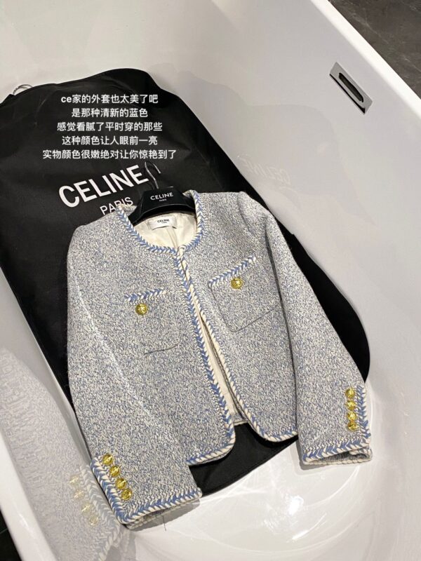 Celine Tweed Button Pockets O-Neck Woven Jacket Blue For Women