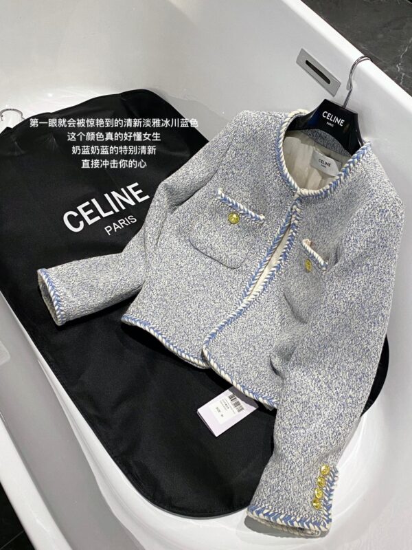 Celine Tweed Button Pockets O-Neck Woven Jacket Blue For Women