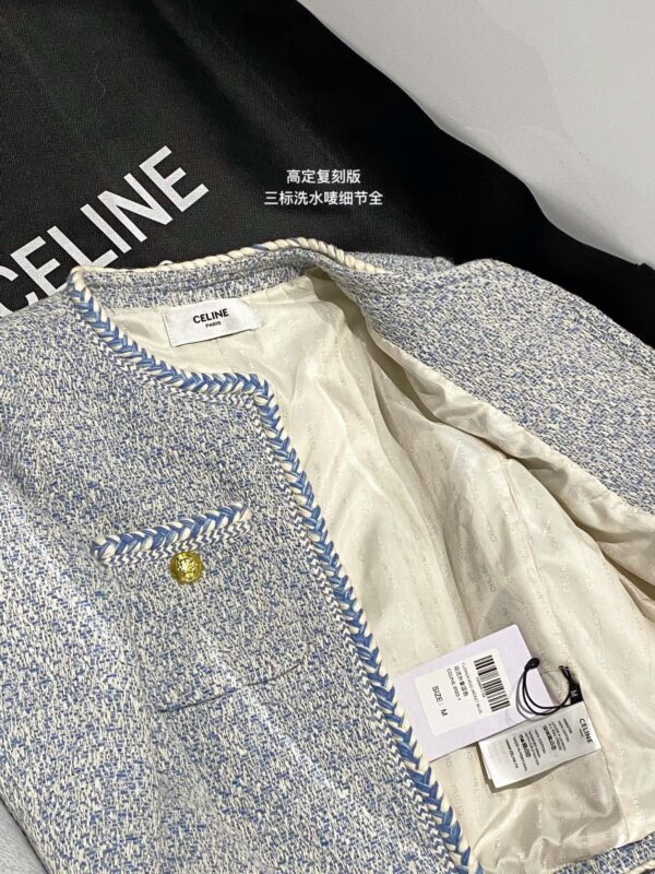 Celine Tweed Button Pockets O-Neck Woven Jacket Blue For Women
