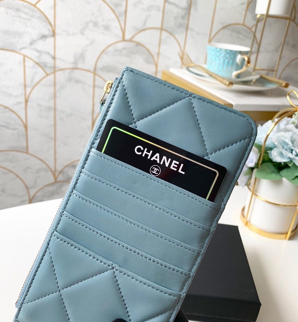 1:1 Replica Chanel 19 Matelasse Phone and Card Case Light Blue Bag For Women 19cm/7.5in