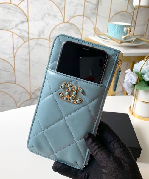 1:1 Replica Chanel 19 Matelasse Phone and Card Case Light Blue Bag For Women 19cm/7.5in