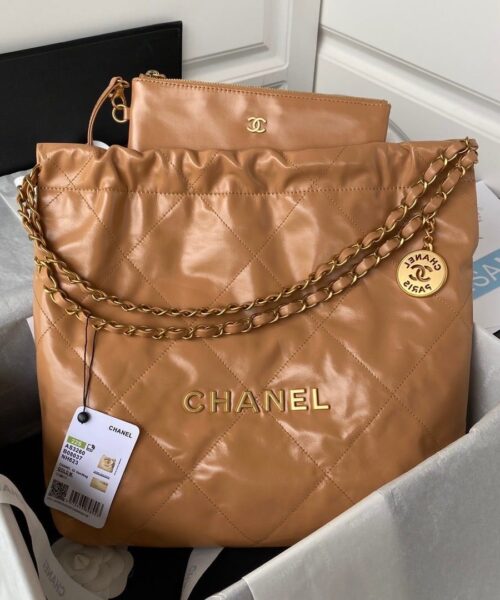 [REP 1:1] Chanel 22 Handbag Gold Hardware Shiny Camel For Women, Women's Handbags, Shoulder Bags 16.5in/38cm AS3261 B08037 NB356