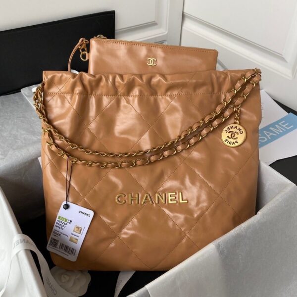 [REP 1:1] Chanel 22 Handbag Gold Hardware Shiny Camel For Women, Women's Handbags, Shoulder Bags 16.5in/38cm AS3261 B08037 NB356