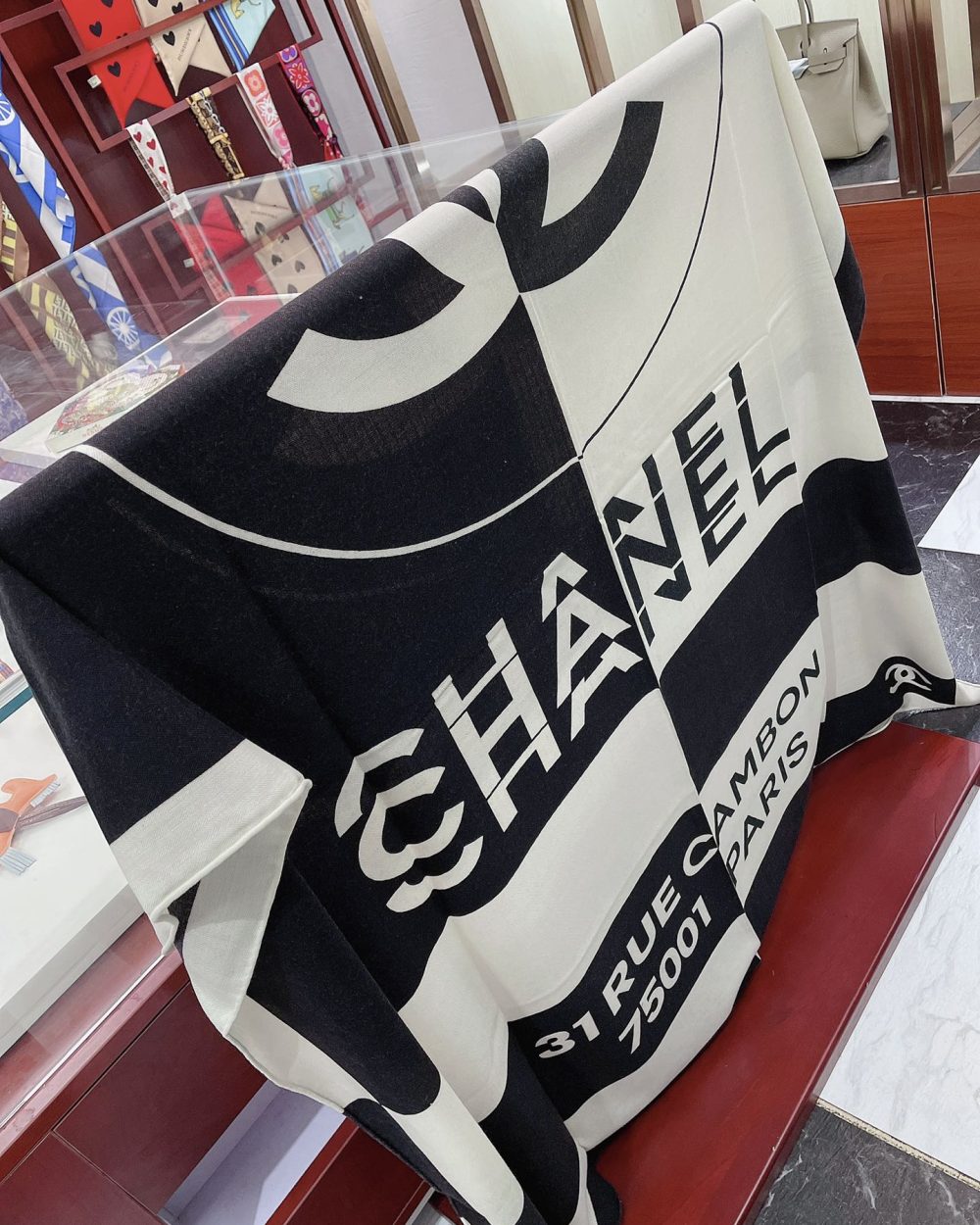 Chanel 31 Rue Cambon Pattern in Black and White Square Scarf 140cm/55in 