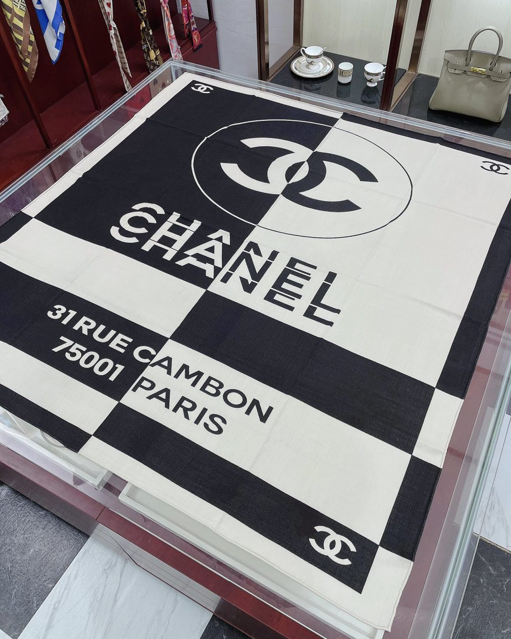 Chanel 31 Rue Cambon Pattern in Black and White Square Scarf 140cm/55in