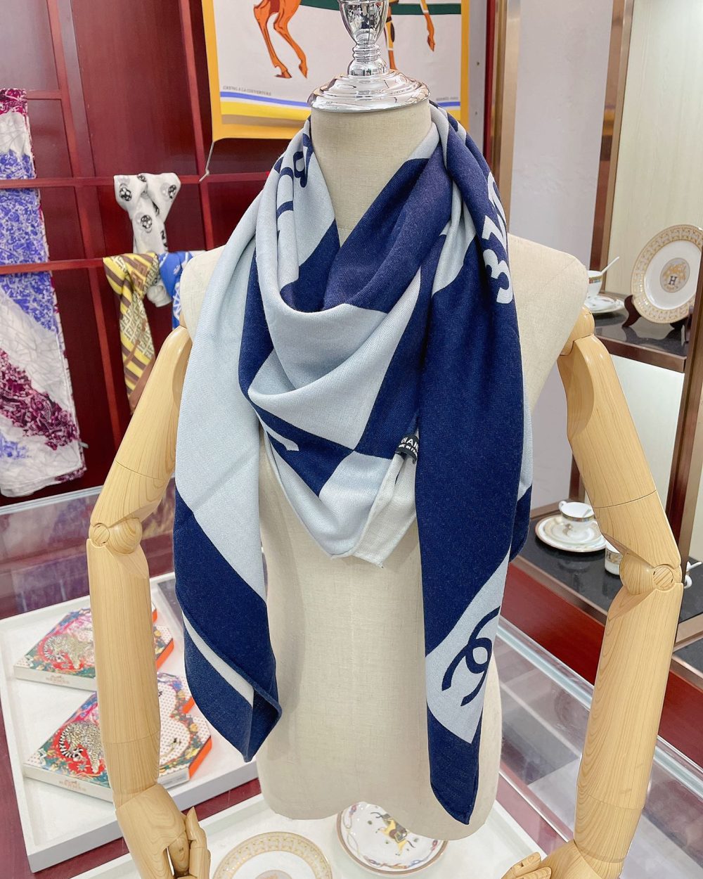 Chanel 31 Rue Cambon Pattern in Blue and White Square Scarf 140cm/55in 