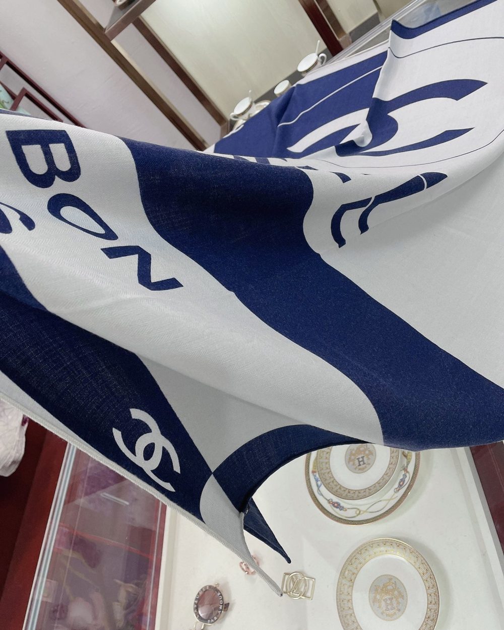 Chanel 31 Rue Cambon Pattern in Blue and White Square Scarf 140cm/55in 