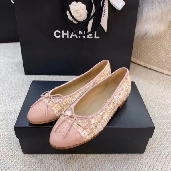 Chanel Ballerina Flats Tweed and Grosgrain Light Pink For Women, Women's Shoes G02819