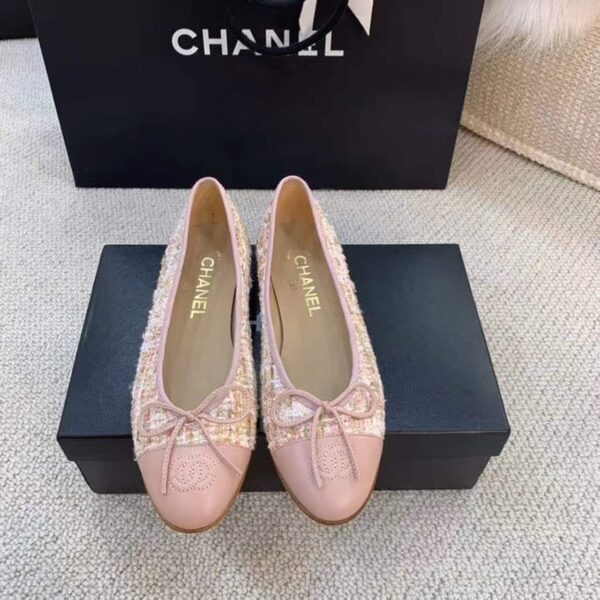 Chanel Ballerina Flats Tweed and Grosgrain Light Pink For Women, Women's Shoes G02819
