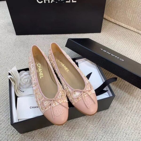 Chanel Ballerina Flats Tweed and Grosgrain Light Pink For Women, Women's Shoes G02819