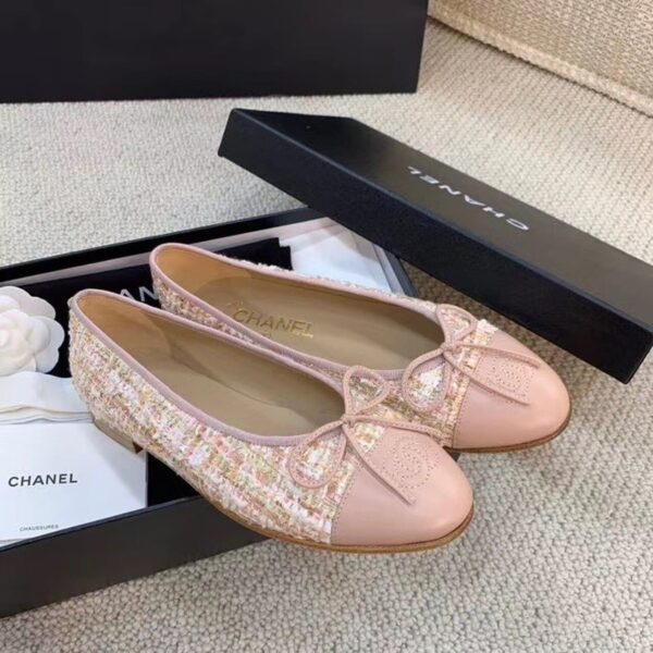 Chanel Ballerina Flats Tweed and Grosgrain Light Pink For Women, Women's Shoes G02819