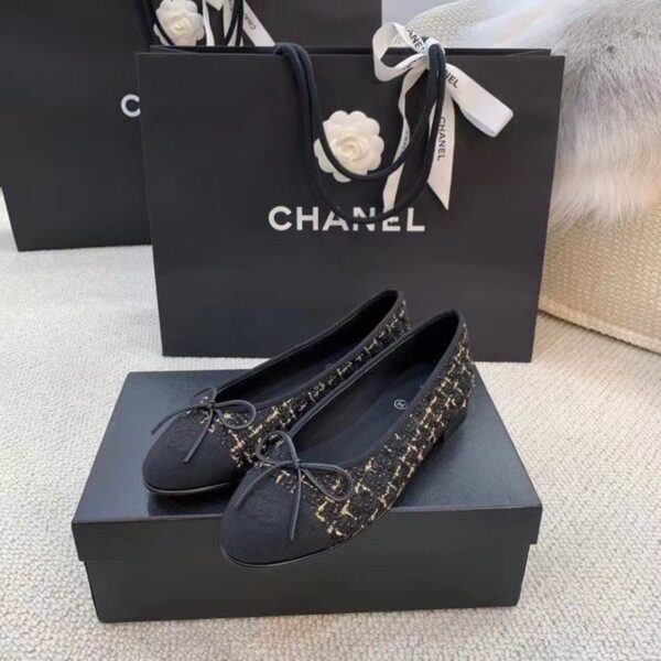 Chanel Ballerina Flats Tweed Black/Gold For Women, Women's Shoes G02819 K4311