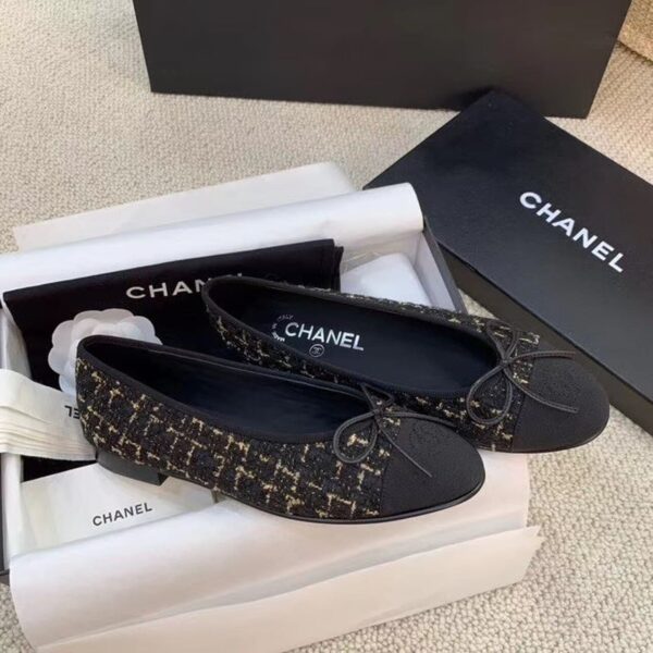 Chanel Ballerina Flats Tweed Black/Gold For Women, Women's Shoes G02819 K4311