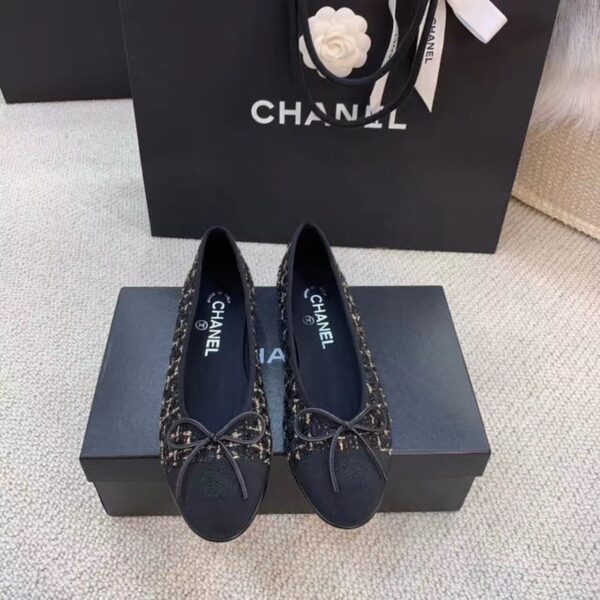 Chanel Ballerina Flats Tweed Black/Gold For Women, Women's Shoes G02819 K4311