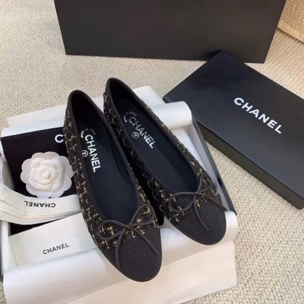 Chanel Ballerina Flats Tweed Black/Gold For Women, Women's Shoes G02819 K4311