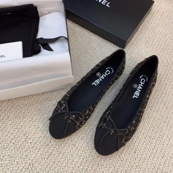 Chanel Ballerina Flats Tweed Black/Gold For Women, Women's Shoes G02819 K4311