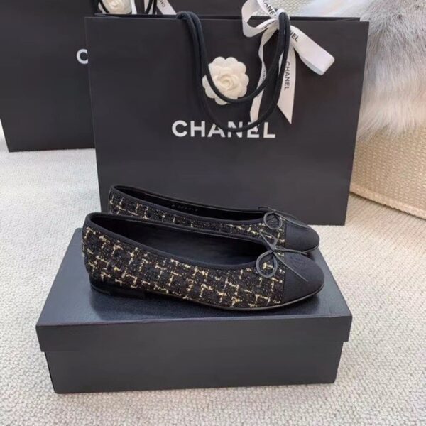 Chanel Ballerina Flats Tweed Black/Gold For Women, Women's Shoes G02819 K4311