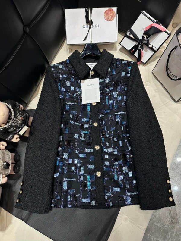 Chanel Beaded Patchwork Mid-Length Jacket Black For Women