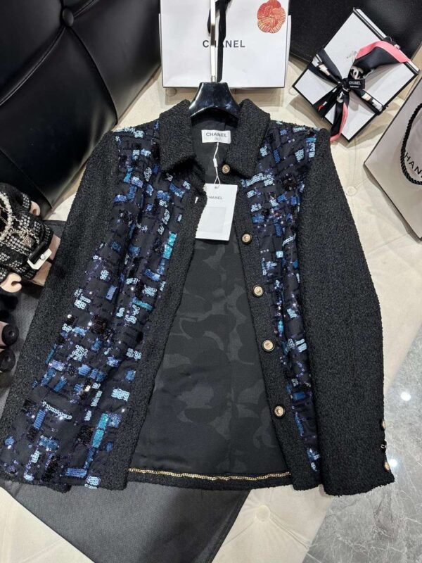Chanel Beaded Patchwork Mid-Length Jacket Black For Women