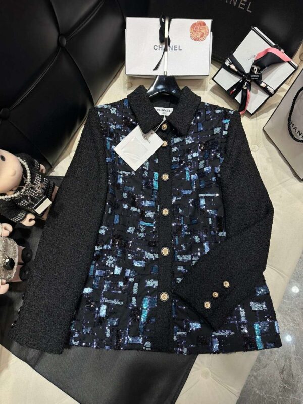 Chanel Beaded Patchwork Mid-Length Jacket Black For Women