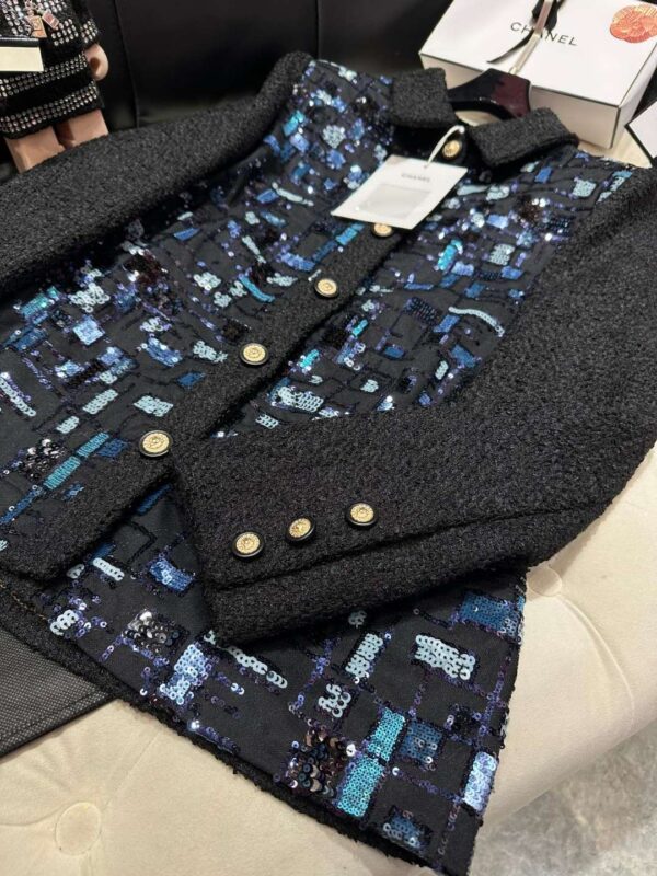 Chanel Beaded Patchwork Mid-Length Jacket Black For Women