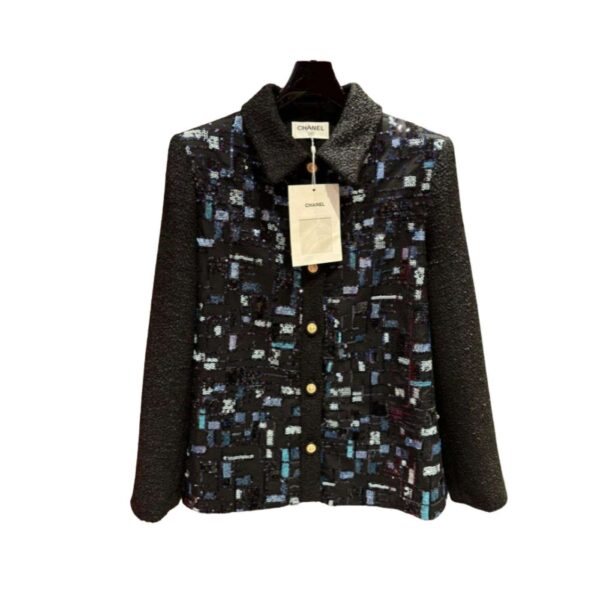 Chanel Beaded Patchwork Mid-Length Jacket Black For Women