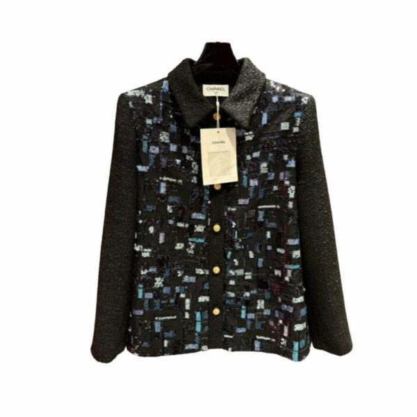 Chanel Beaded Patchwork Mid-Length Jacket Black For Women