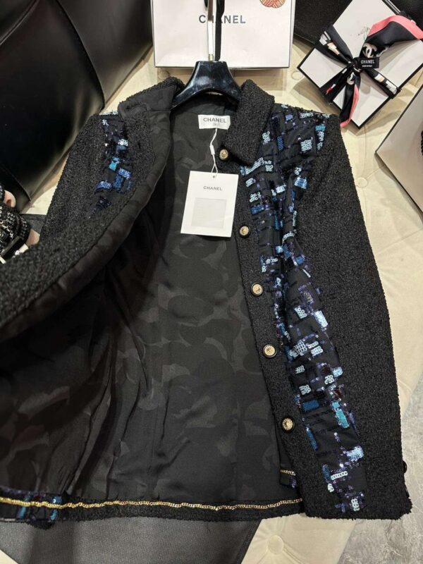 Chanel Beaded Patchwork Mid-Length Jacket Black For Women