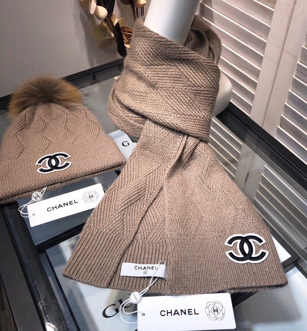 Chanel Beanie & Scarf Set In Brown 