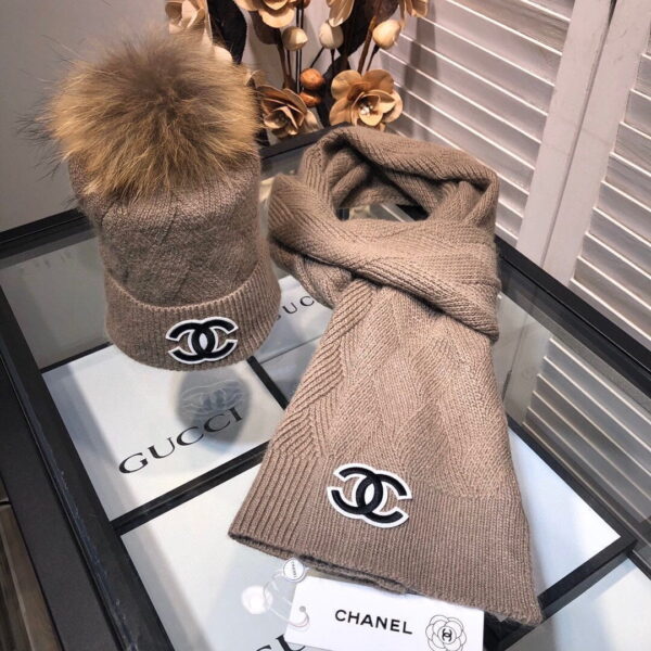 Chanel Beanie & Scarf Set In Brown