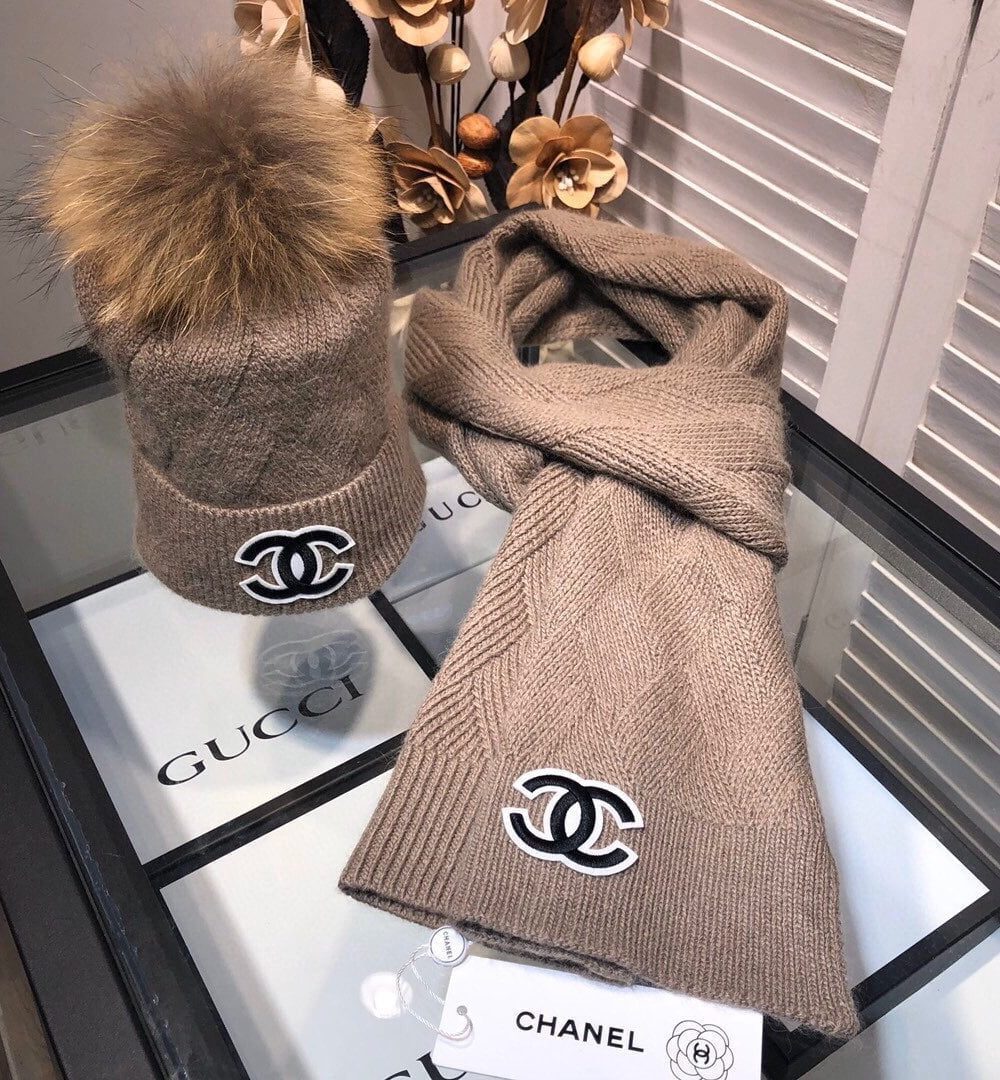 Chanel Beanie & Scarf Set In Brown 
