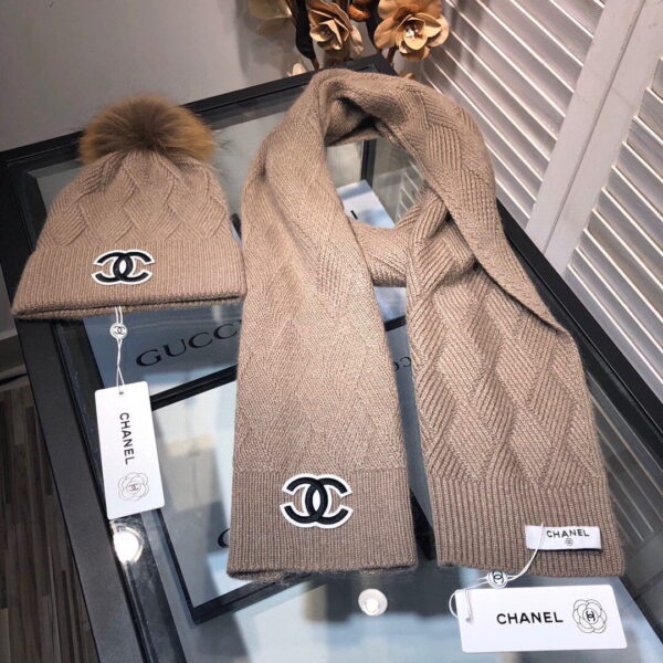 Chanel Beanie & Scarf Set In Brown