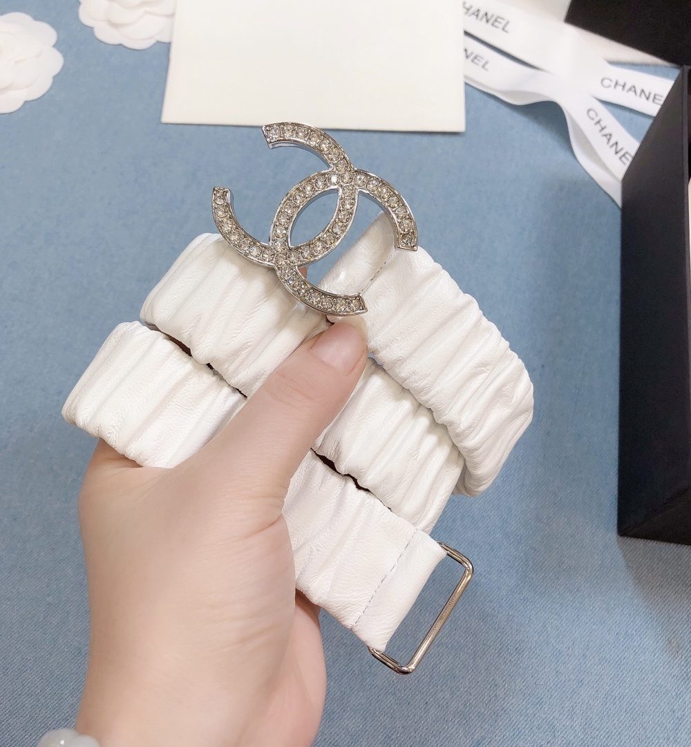 1:1 Replica Chanel Belt Double C Buckle White Silver-Toned Hardware and Strass Women Belt