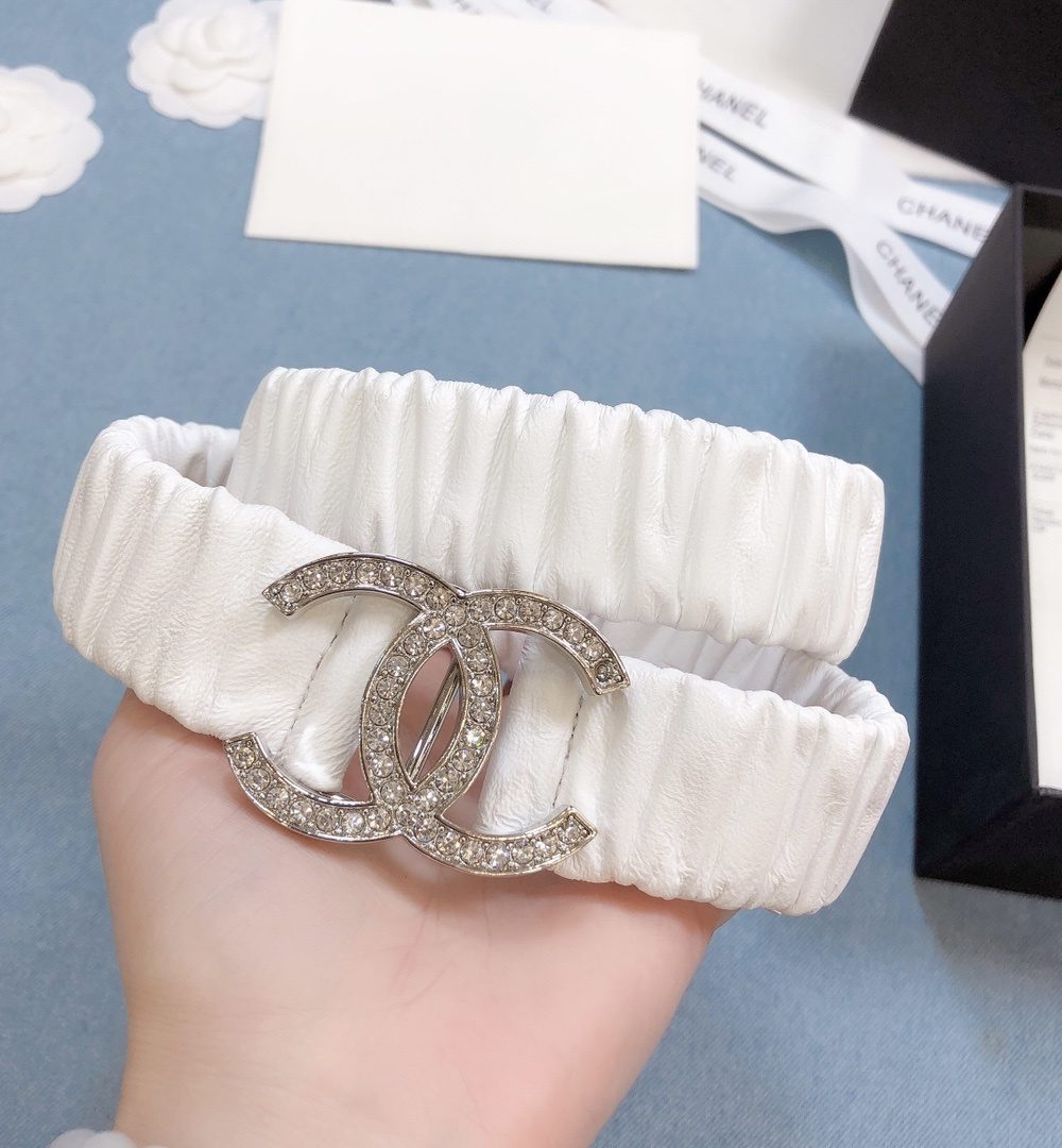 1:1 Replica Chanel Belt Double C Buckle White Silver-Toned Hardware and Strass Women Belt