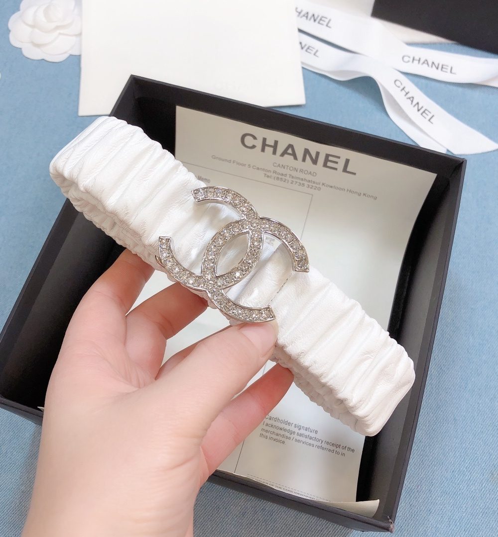 1:1 Replica Chanel Belt Double C Buckle White Silver-Toned Hardware and Strass Women Belt