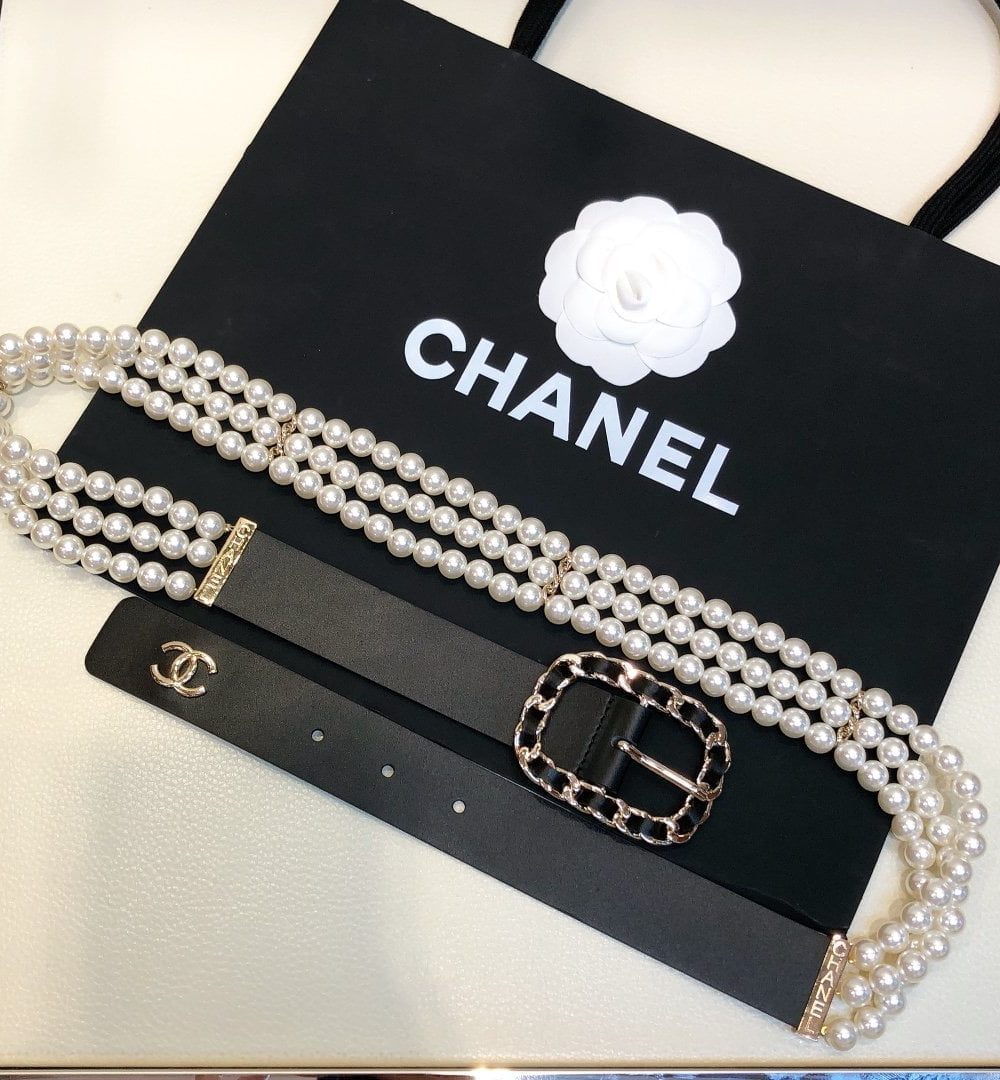 1:1 Replica Chanel Belt In Black Imitation Pearls With Gold-Toned Square Metal and Strass Women Belt