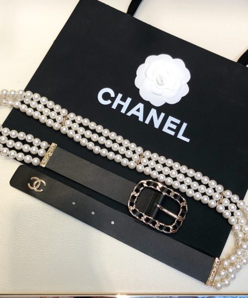 1:1 Replica Chanel Belt In Black Imitation Pearls With Gold-Toned Square Metal and Strass Women Belt