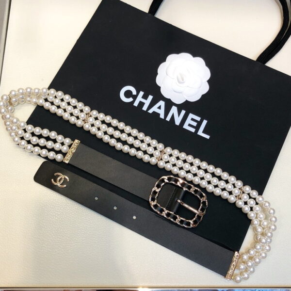 1:1 Replica Chanel Belt In Black Imitation Pearls With Gold-Toned Square Metal and Strass Women Belt