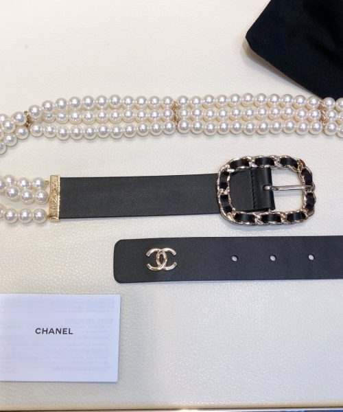 1:1 Replica Chanel Belt In Black Imitation Pearls With Gold-Toned Square Metal and Strass Women Belt