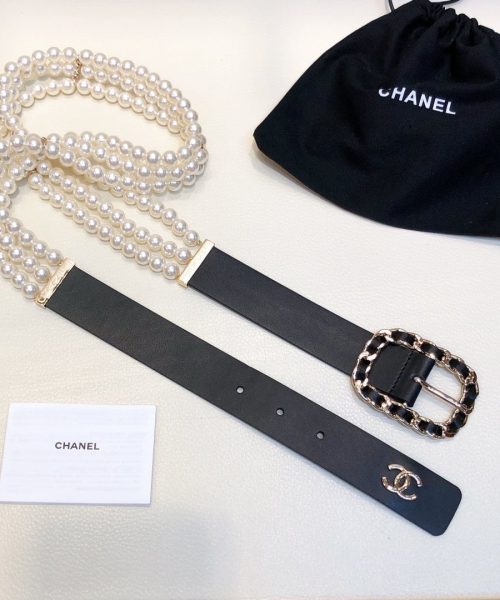 1:1 Replica Chanel Belt In Black Imitation Pearls With Gold-Toned Square Metal and Strass Women Belt