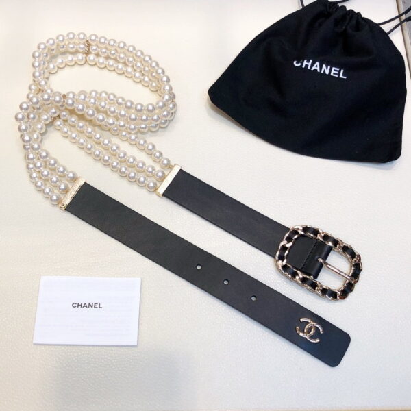 1:1 Replica Chanel Belt In Black Imitation Pearls With Gold-Toned Square Metal and Strass Women Belt